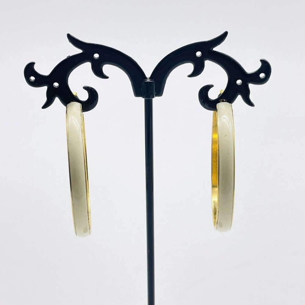 Hoop Earrings White Enameled Gold Tone Classic Career Everyday - Picture 5 of 9